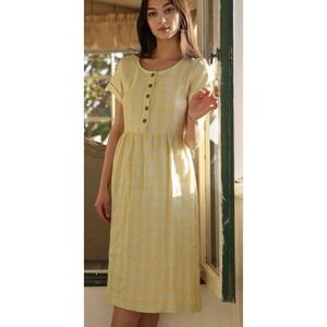 Pyne & Smith 100% Linen Green Yellow Checkerboard Midi Dress Medium